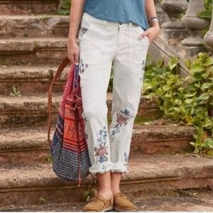 NWT SUNDANCE Women's Flat-Front BLOOM Embroidered Off-White CARGO PANTS Size 16